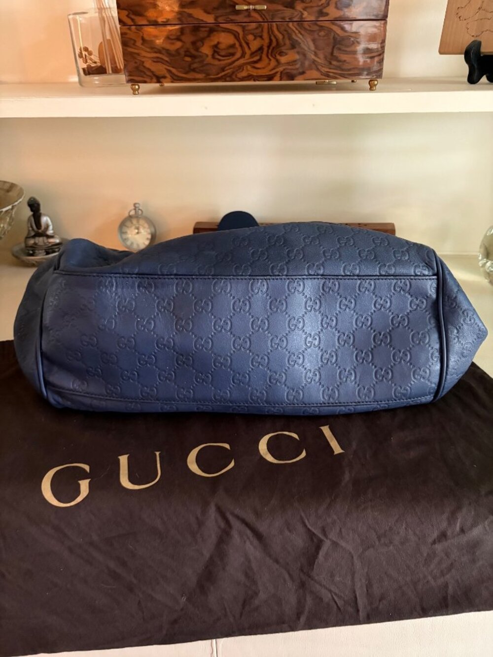 GUCCI Guccissima GG Monogram Leather Emily Navy Blue Hobo Chain Link Flap Bag - Picture 12 of 16